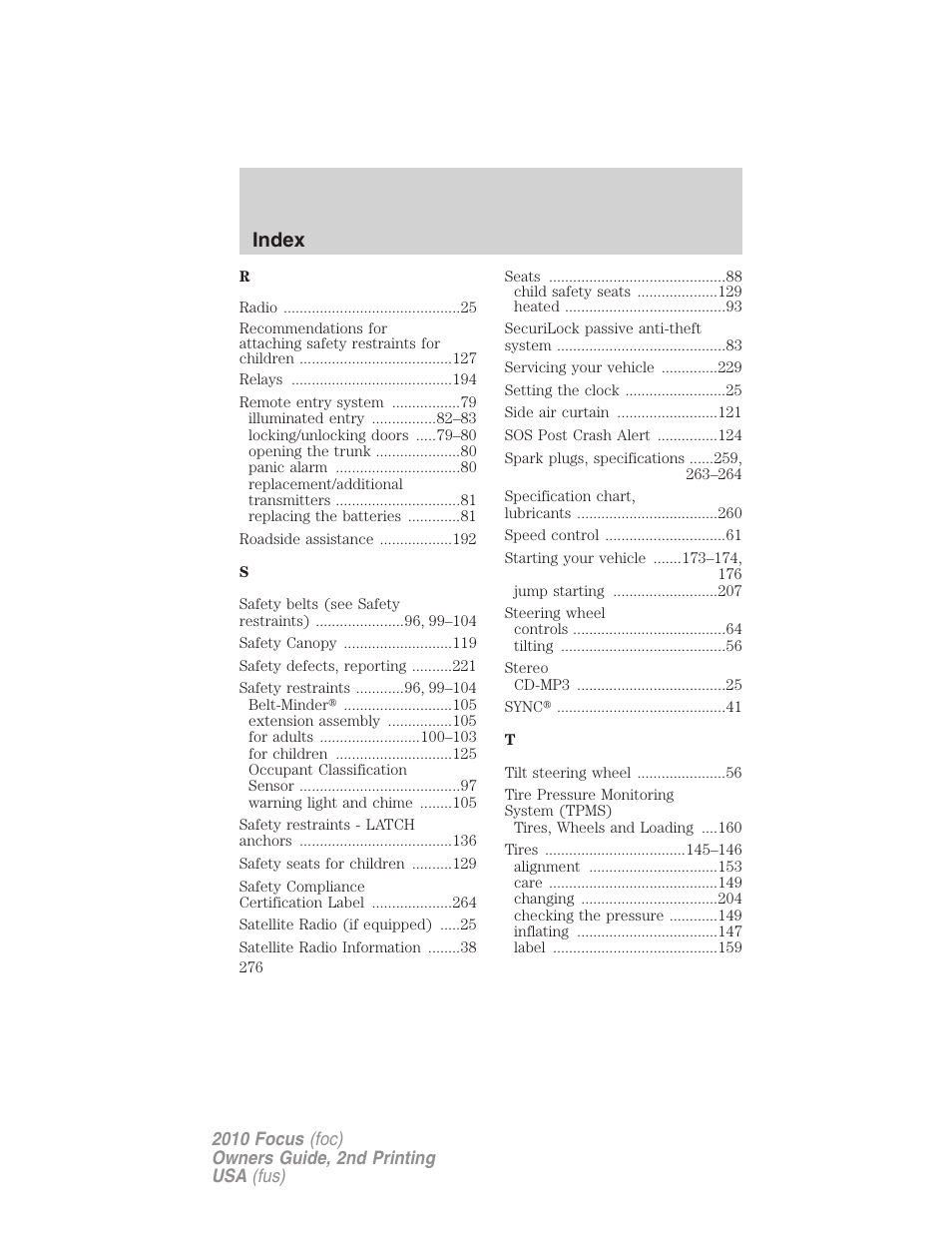 Index | FORD 2010 Focus v.2 User Manual | Page 276 / 277