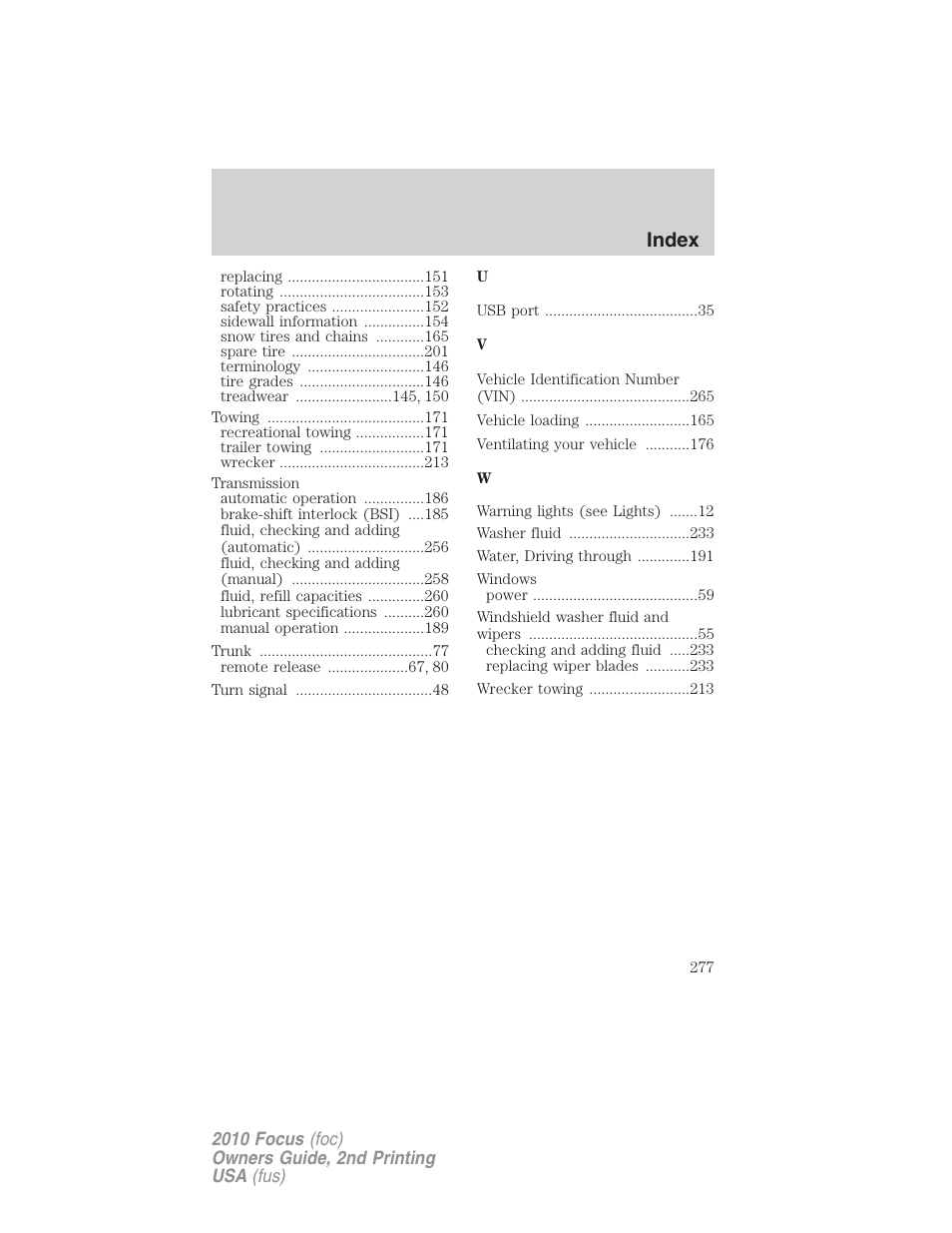 Index | FORD 2010 Focus v.2 User Manual | Page 277 / 277