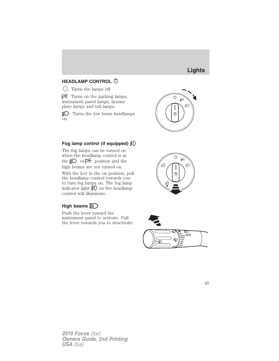 Lights, Headlamp control, Fog lamp control (if equipped) | High beams, Headlamps | FORD 2010 Focus v.2 User Manual | Page 45 / 277
