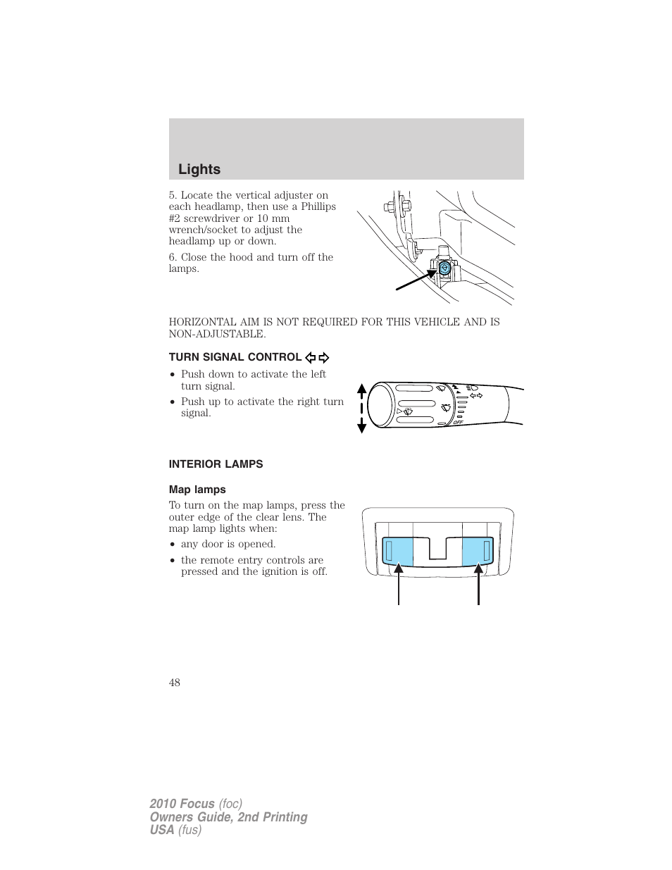 Turn signal control, Interior lamps, Map lamps | Lights | FORD 2010 Focus v.2 User Manual | Page 48 / 277