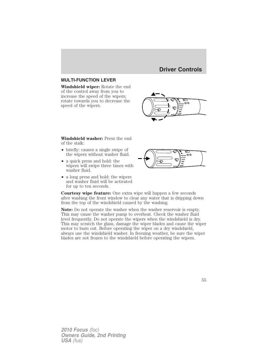 Driver controls, Multi-function lever, Windshield wiper/washer control | FORD 2010 Focus v.2 User Manual | Page 55 / 277