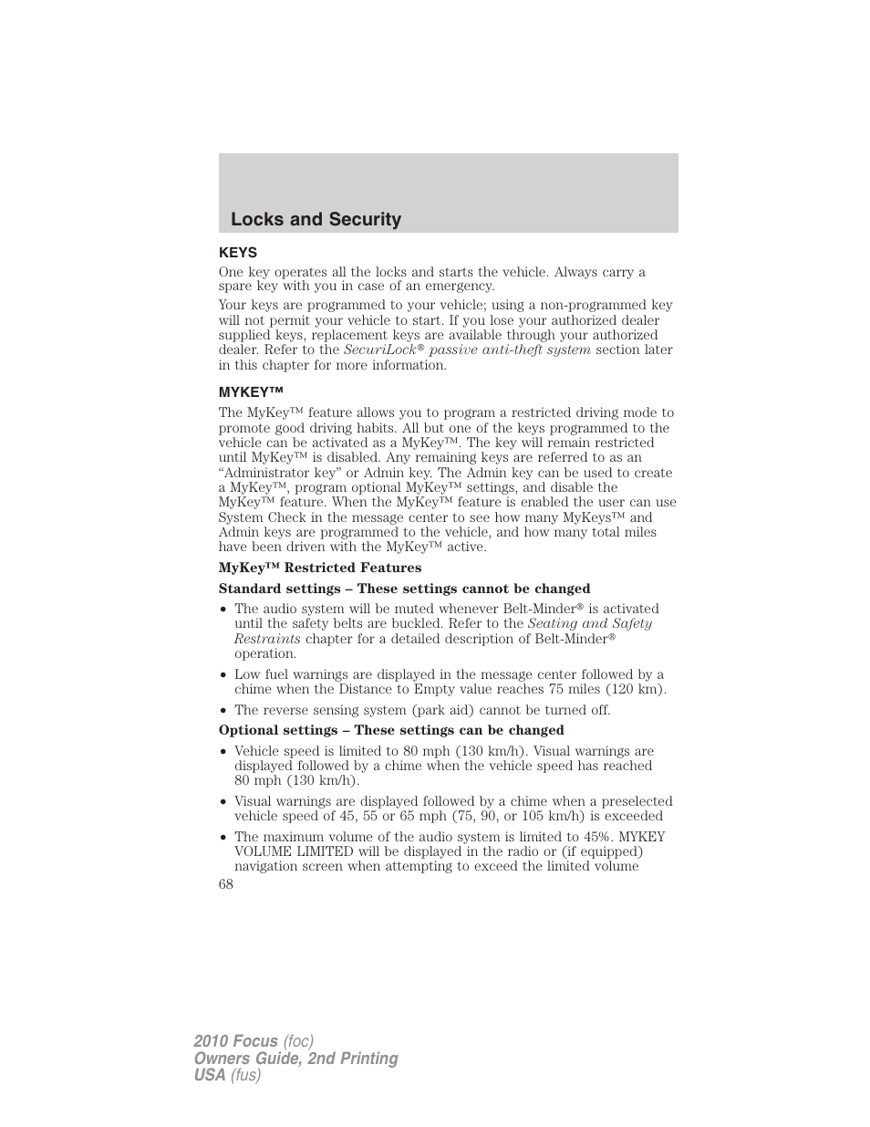Locks and security, Keys, Mykey | FORD 2010 Focus v.2 User Manual | Page 68 / 277