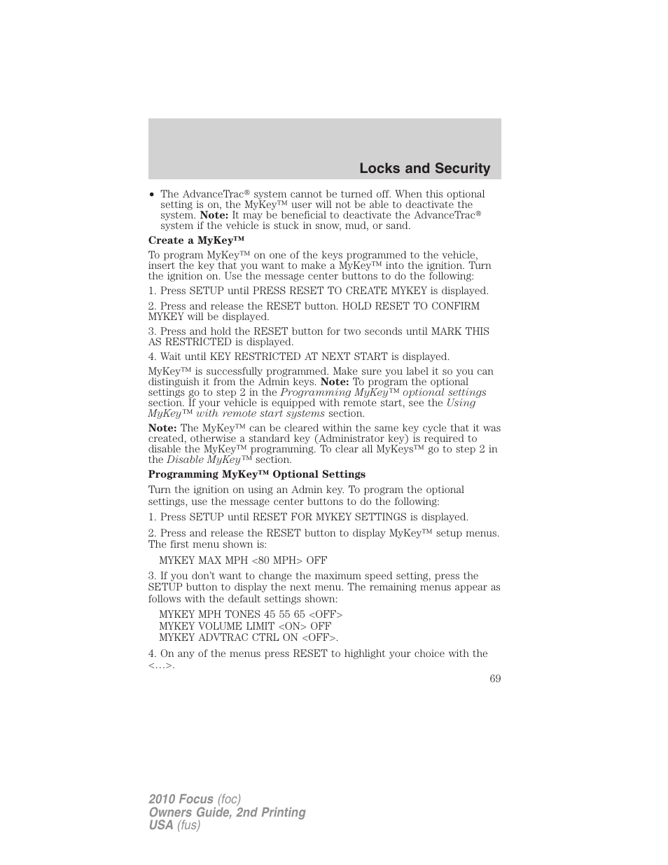 Locks and security | FORD 2010 Focus v.2 User Manual | Page 69 / 277