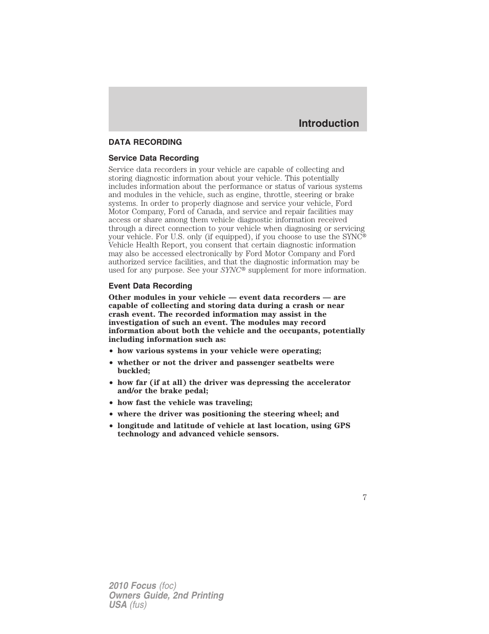 Data recording, Service data recording, Event data recording | Introduction | FORD 2010 Focus v.2 User Manual | Page 7 / 277