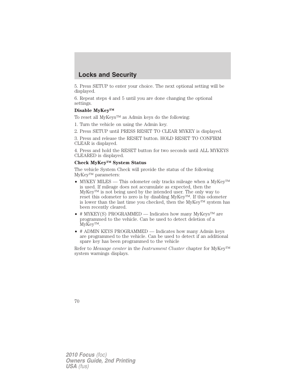 Locks and security | FORD 2010 Focus v.2 User Manual | Page 70 / 277