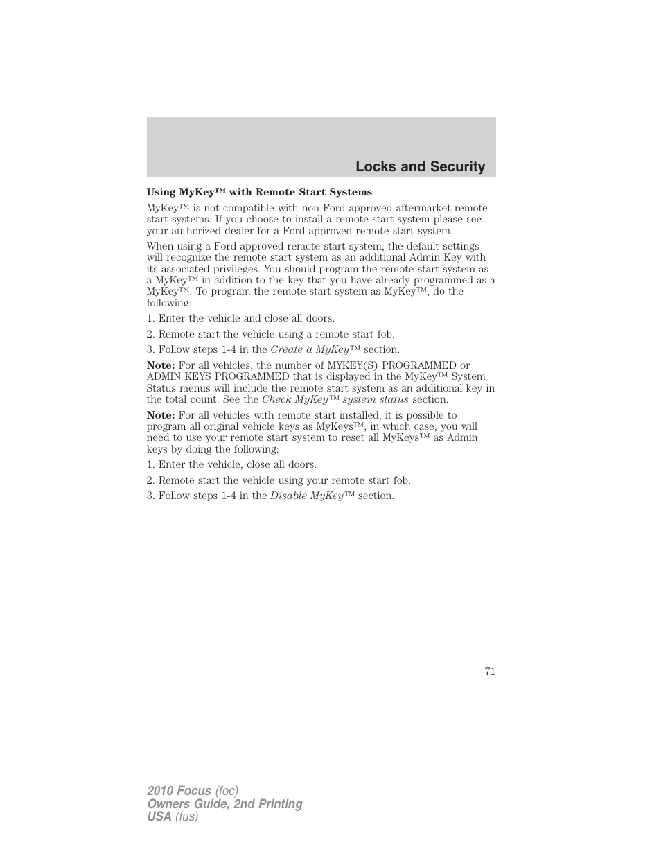 Locks and security | FORD 2010 Focus v.2 User Manual | Page 71 / 277