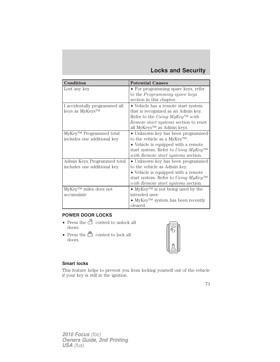 Power door locks, Smart locks, Locks | Locks and security | FORD 2010 Focus v.2 User Manual | Page 73 / 277