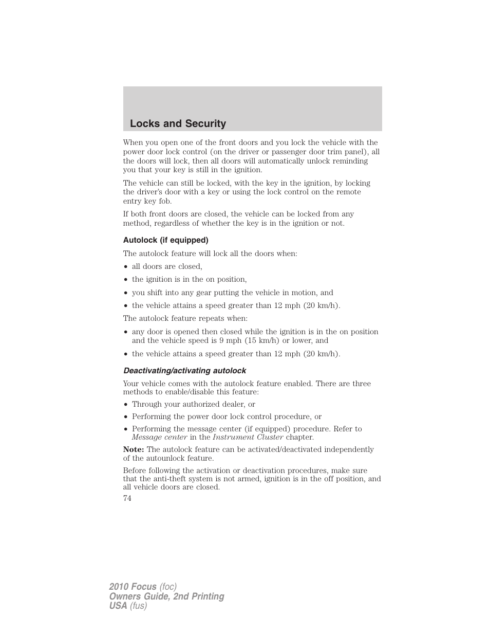 Autolock (if equipped), Deactivating/activating autolock, Locks and security | FORD 2010 Focus v.2 User Manual | Page 74 / 277