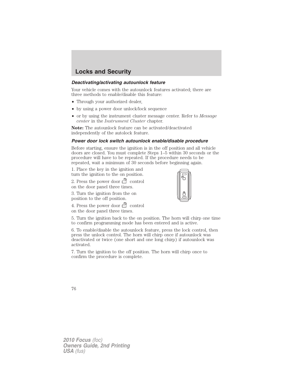 Deactivating/activating autounlock feature, Locks and security | FORD 2010 Focus v.2 User Manual | Page 76 / 277