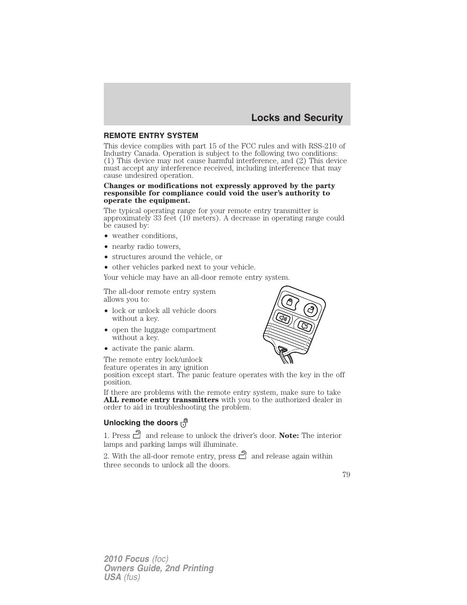 Remote entry system, Unlocking the doors, Locks and security | FORD 2010 Focus v.2 User Manual | Page 79 / 277