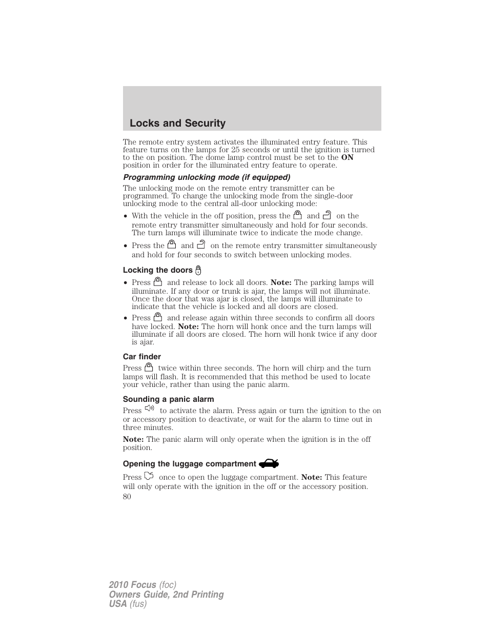 Programming unlocking mode (if equipped), Locking the doors, Car finder | Sounding a panic alarm, Opening the luggage compartment, Locks and security | FORD 2010 Focus v.2 User Manual | Page 80 / 277