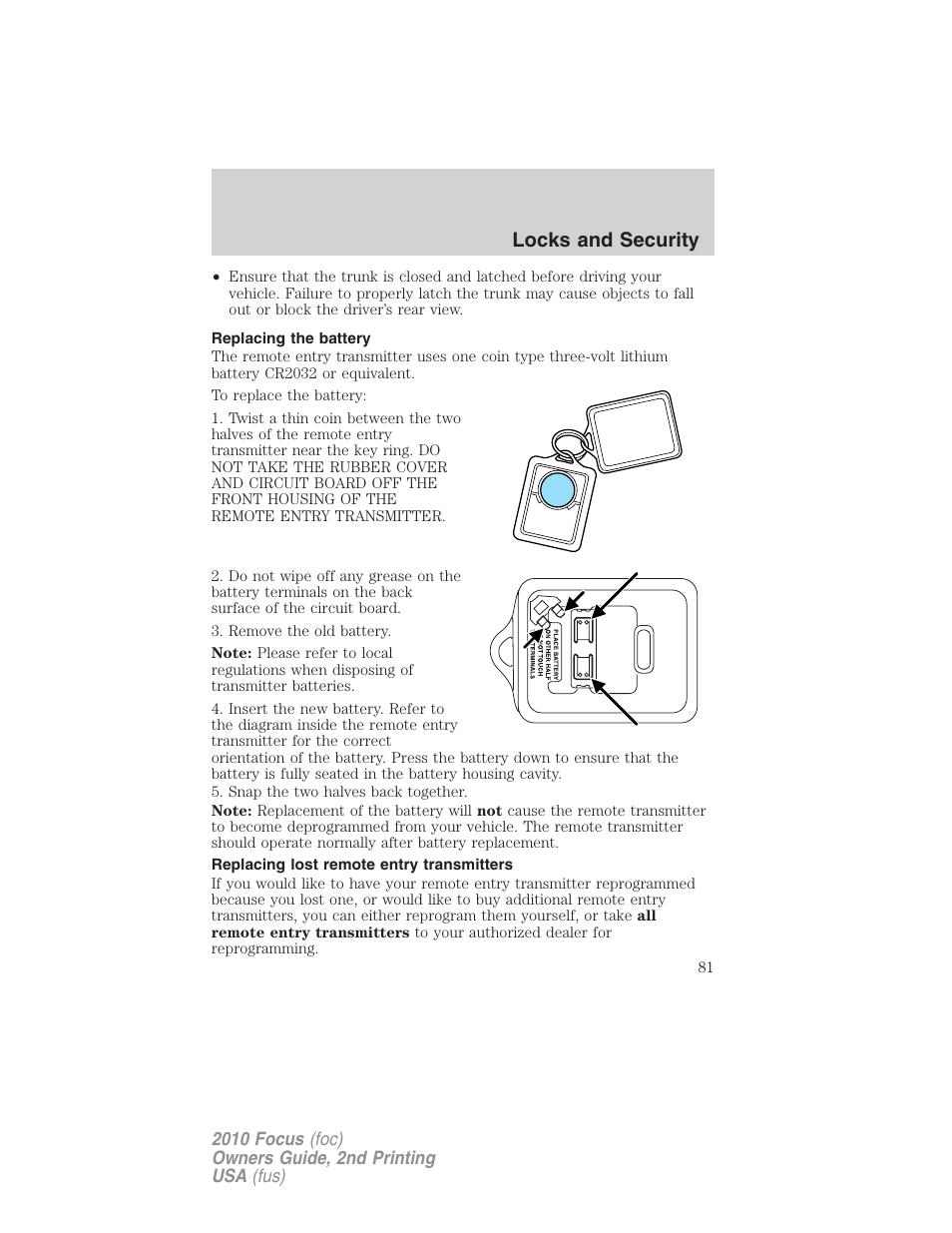 Replacing the battery, Replacing lost remote entry transmitters, Locks and security | FORD 2010 Focus v.2 User Manual | Page 81 / 277