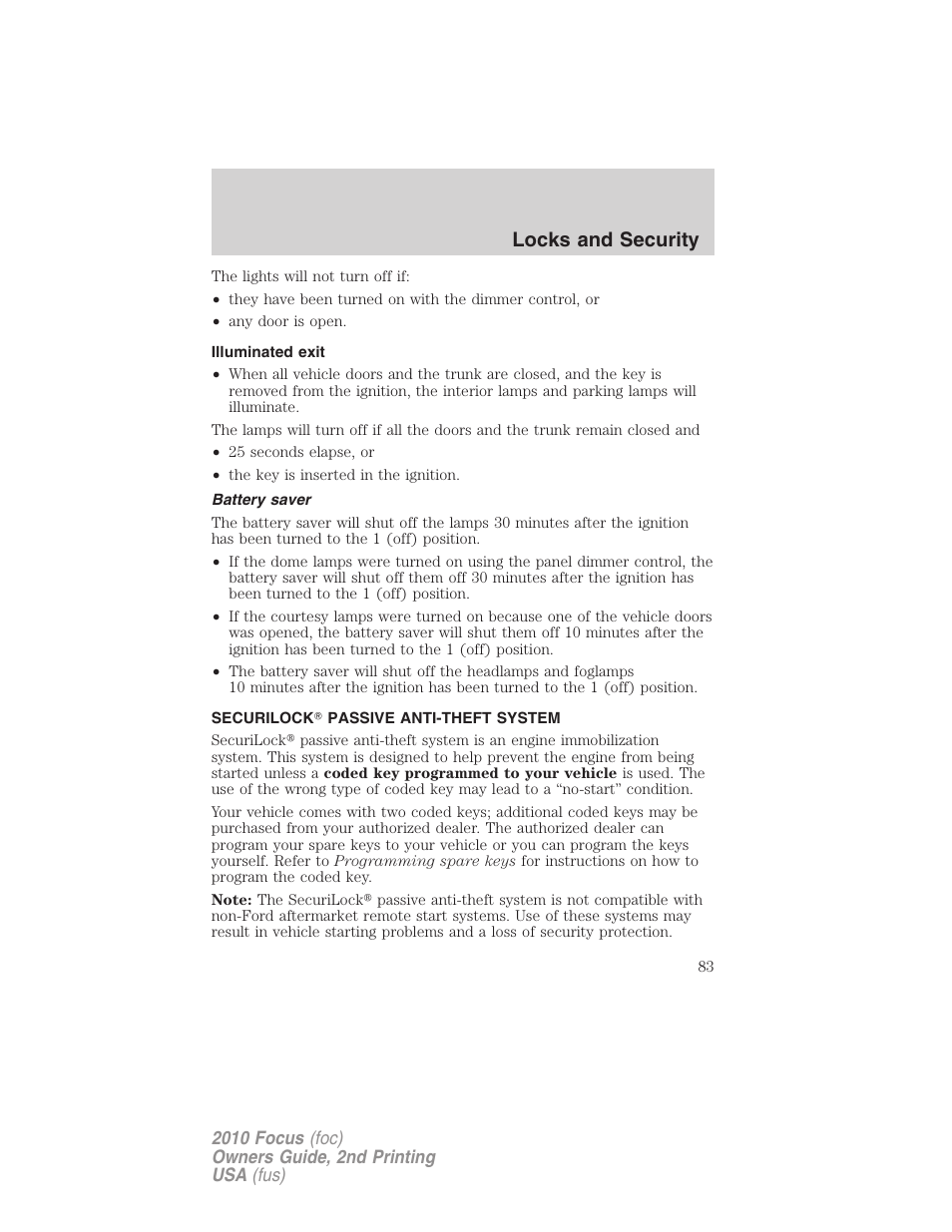 Illuminated exit, Battery saver, Securilock passive anti-theft system | Anti-theft system, Locks and security | FORD 2010 Focus v.2 User Manual | Page 83 / 277