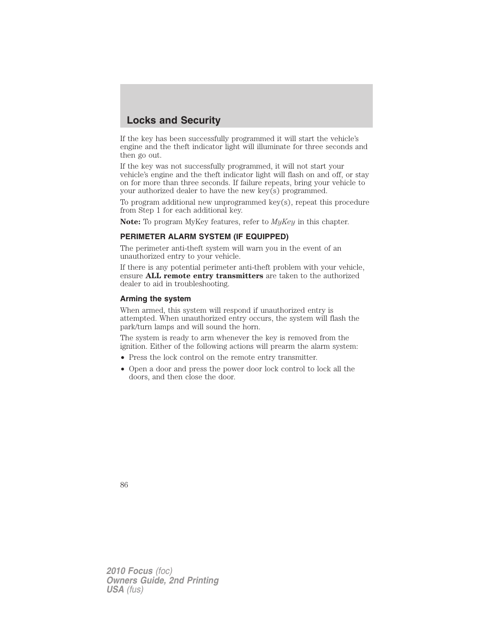 Perimeter alarm system (if equipped), Arming the system, Locks and security | FORD 2010 Focus v.2 User Manual | Page 86 / 277
