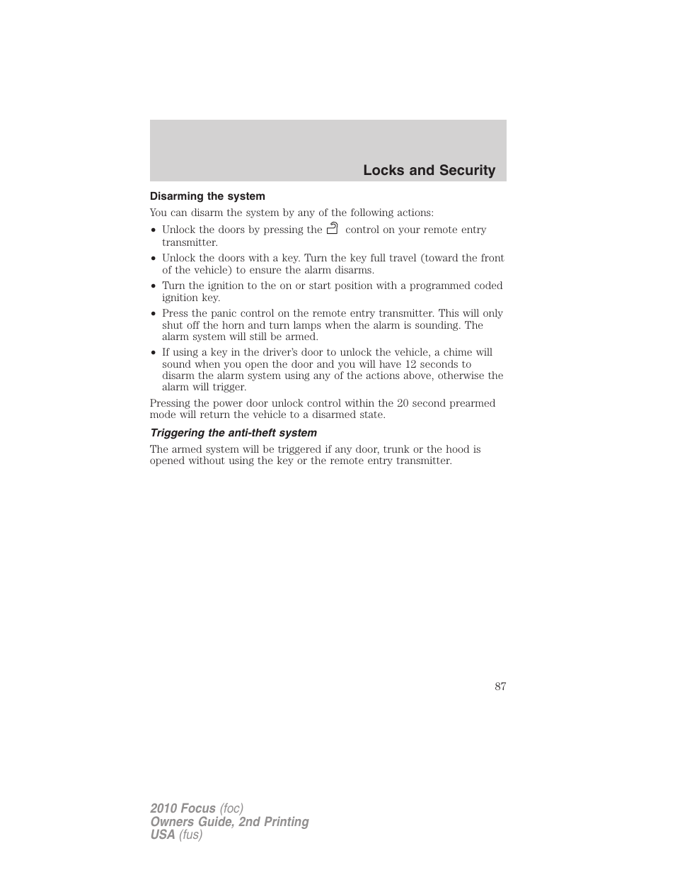 Disarming the system, Triggering the anti-theft system, Locks and security | FORD 2010 Focus v.2 User Manual | Page 87 / 277