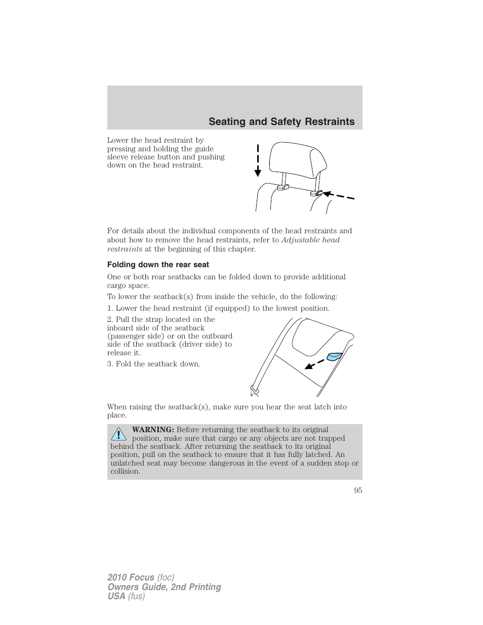 Folding down the rear seat, Seating and safety restraints | FORD 2010 Focus v.2 User Manual | Page 95 / 277