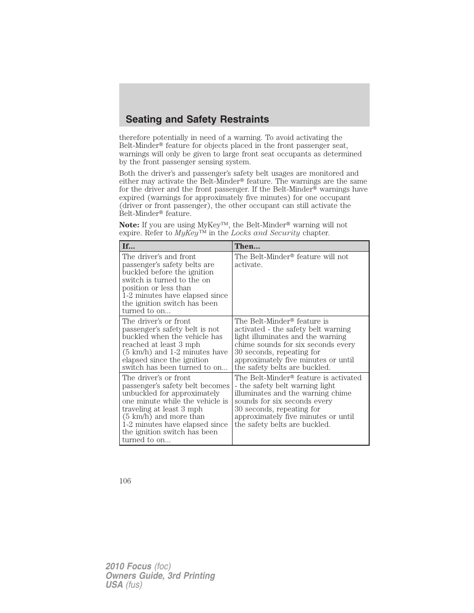 Seating and safety restraints | FORD 2010 Focus v.3 User Manual | Page 106 / 275