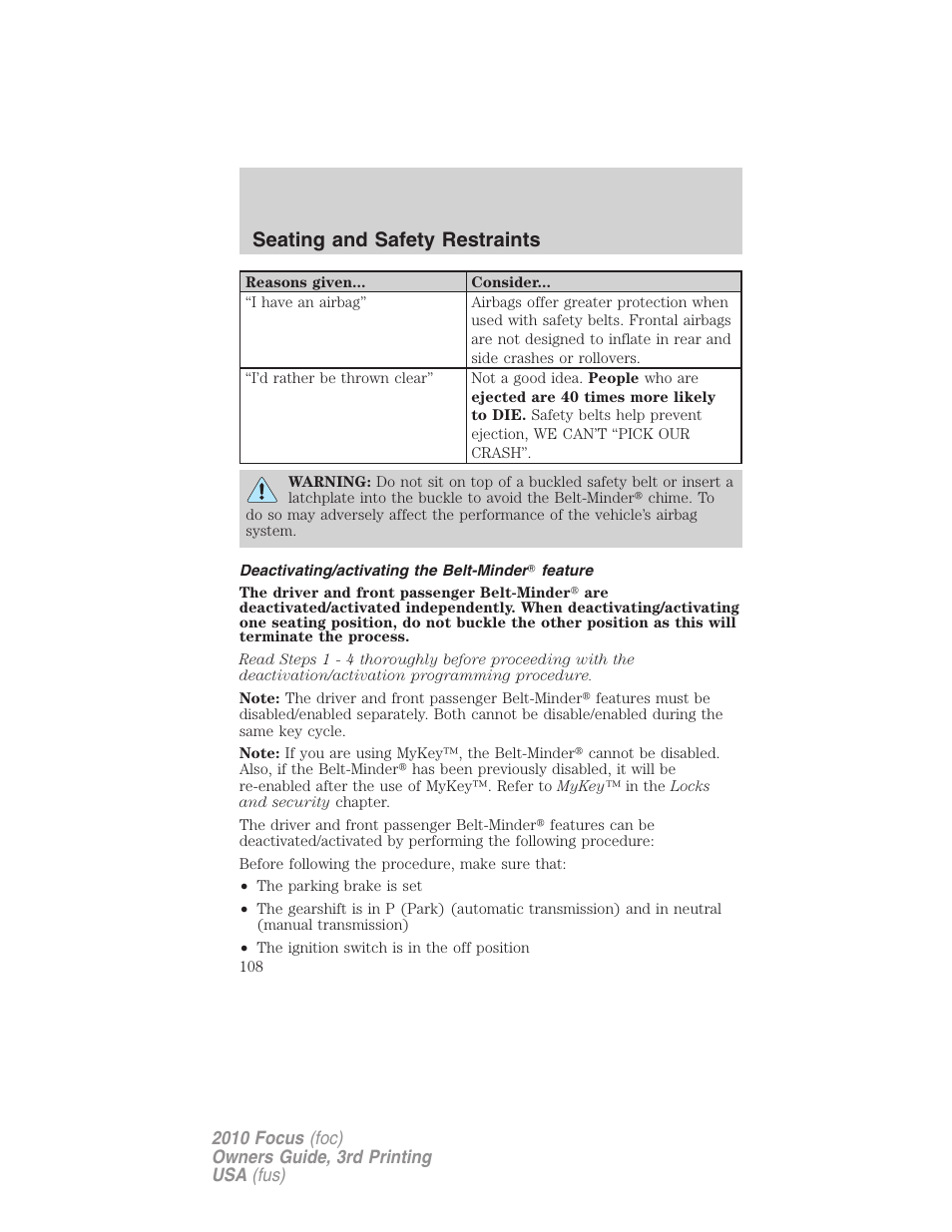 Deactivating/activating the belt-minder feature, Seating and safety restraints | FORD 2010 Focus v.3 User Manual | Page 108 / 275