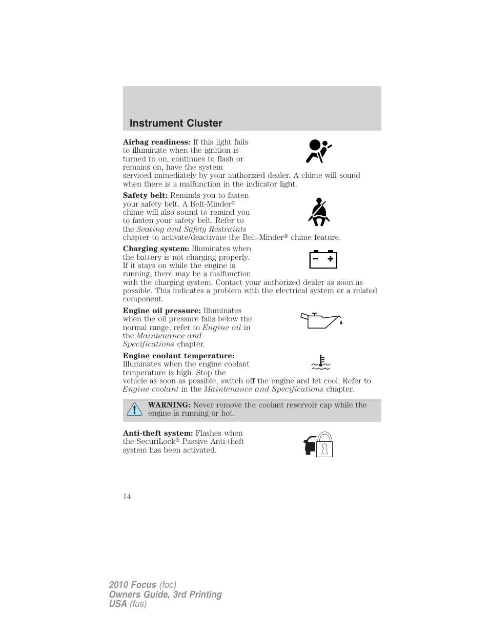 Instrument cluster | FORD 2010 Focus v.3 User Manual | Page 14 / 275