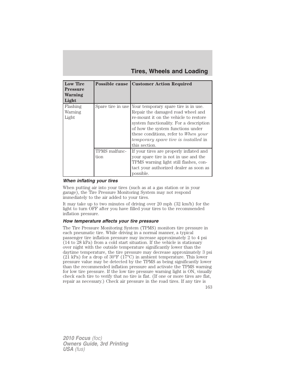 When inflating your tires, How temperature affects your tire pressure, Tires, wheels and loading | FORD 2010 Focus v.3 User Manual | Page 163 / 275