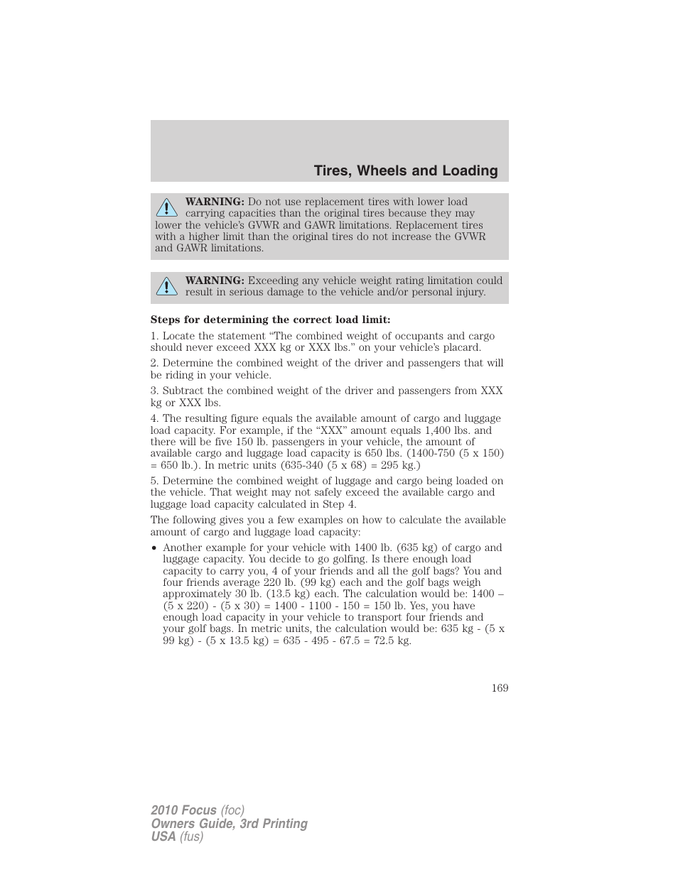 Tires, wheels and loading | FORD 2010 Focus v.3 User Manual | Page 169 / 275