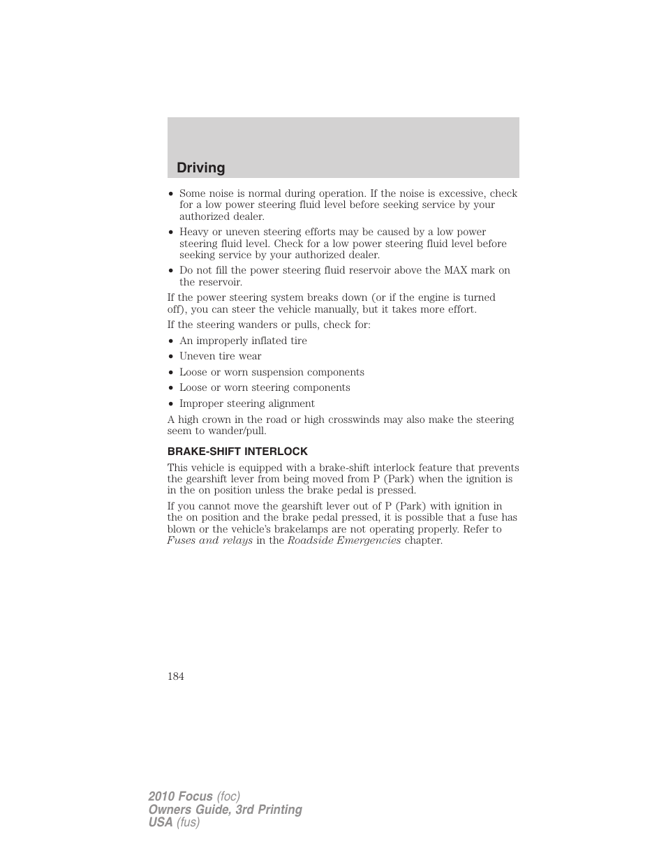 Brake-shift interlock, Driving | FORD 2010 Focus v.3 User Manual | Page 184 / 275