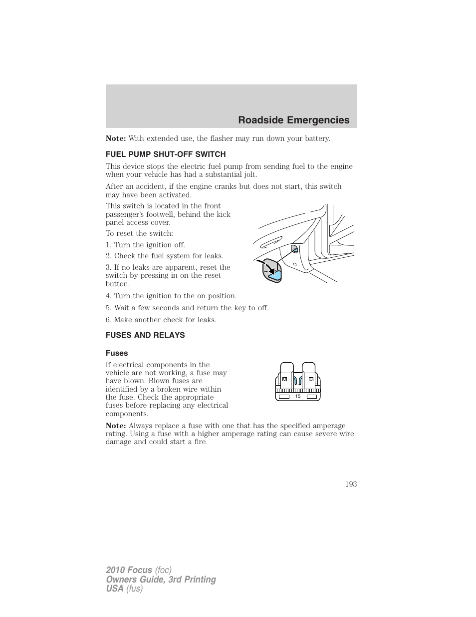 Fuel pump shut-off switch, Fuses and relays, Fuses | Roadside emergencies | FORD 2010 Focus v.3 User Manual | Page 193 / 275