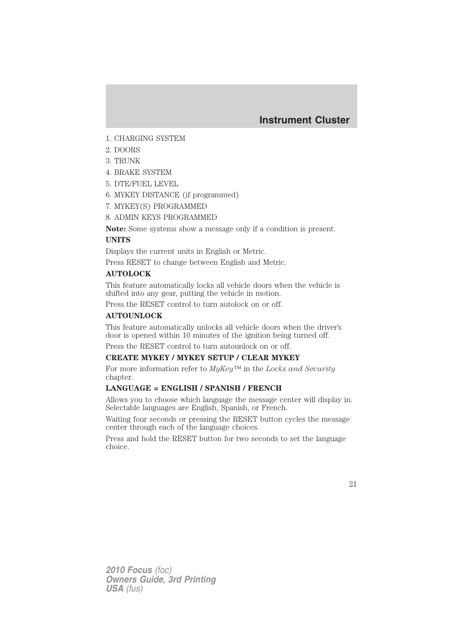 Instrument cluster | FORD 2010 Focus v.3 User Manual | Page 21 / 275