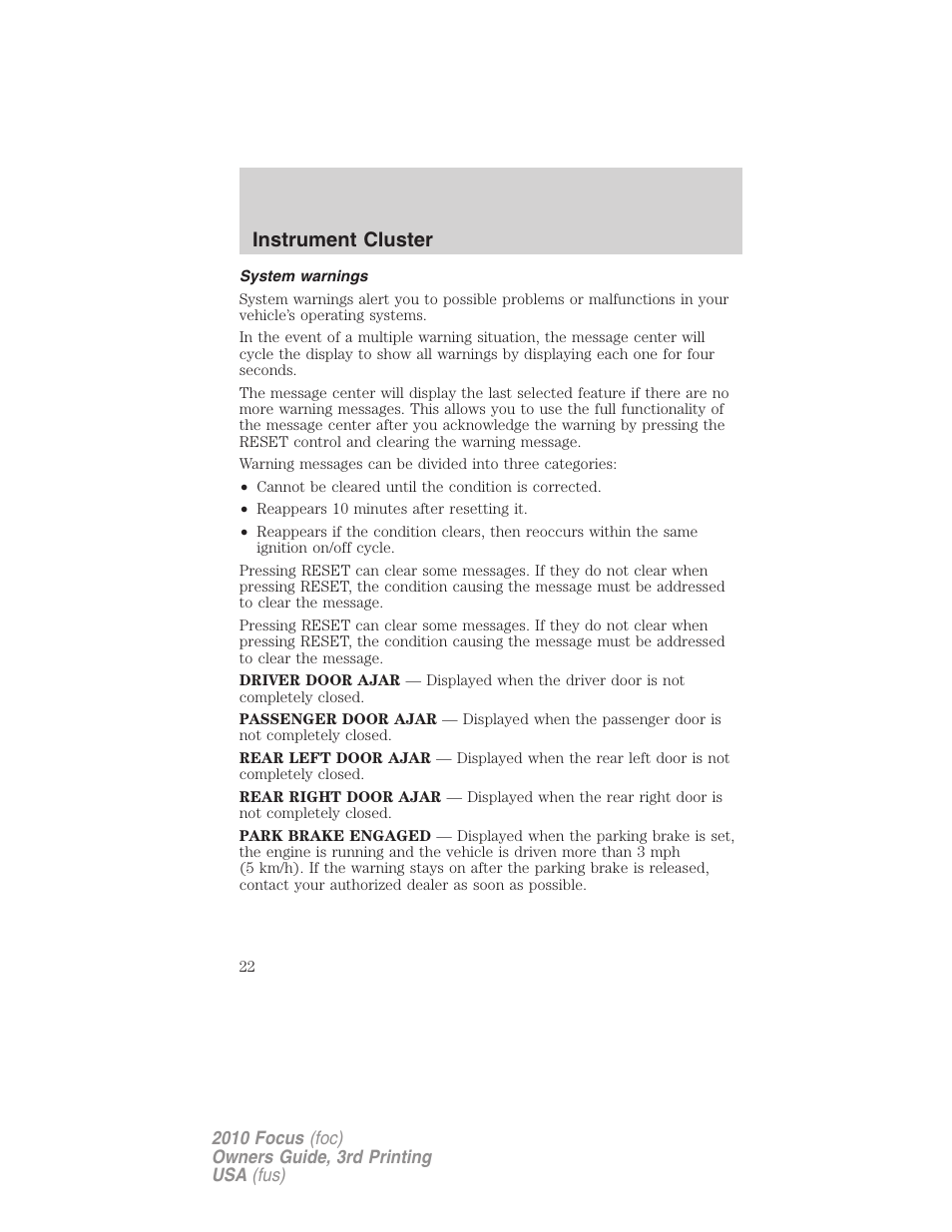 System warnings, Instrument cluster | FORD 2010 Focus v.3 User Manual | Page 22 / 275