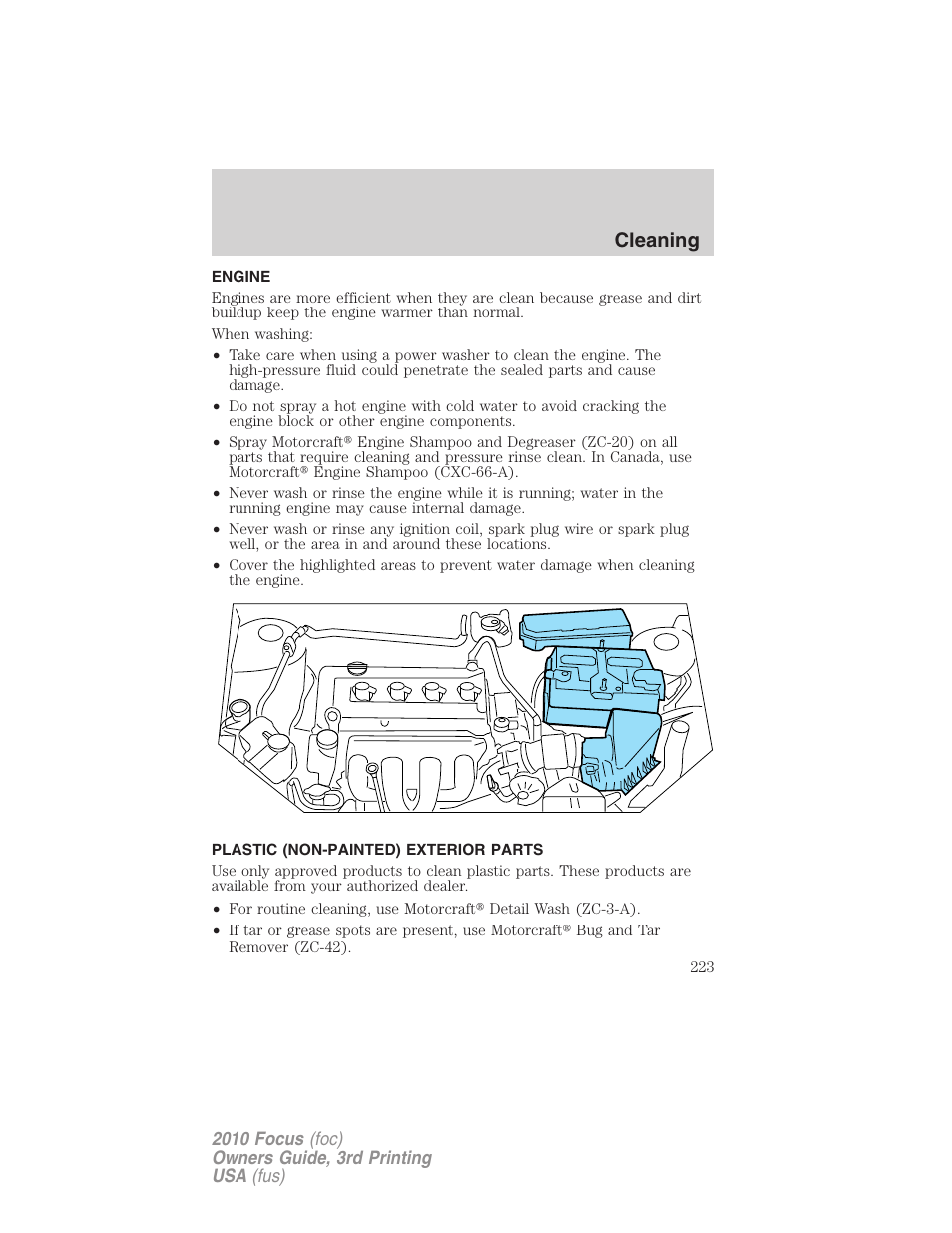 Engine, Plastic (non-painted) exterior parts, Cleaning | FORD 2010 Focus v.3 User Manual | Page 223 / 275