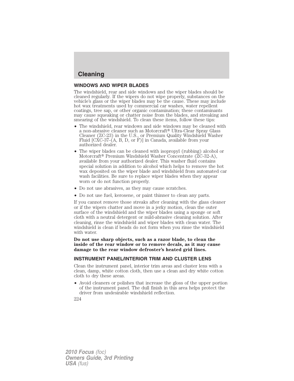 Windows and wiper blades, Instrument panel/interior trim and cluster lens, Cleaning | FORD 2010 Focus v.3 User Manual | Page 224 / 275