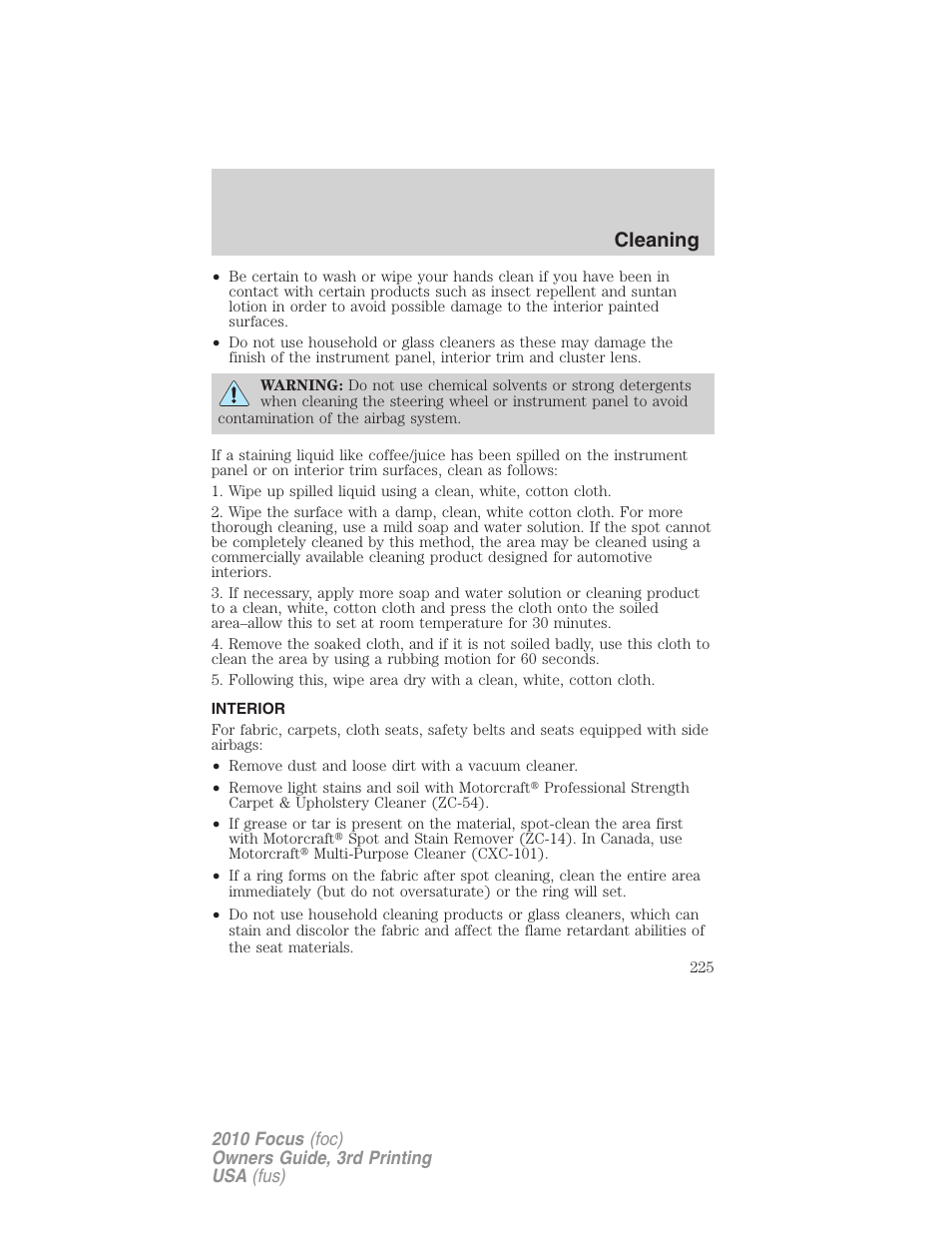 Interior, Cleaning | FORD 2010 Focus v.3 User Manual | Page 225 / 275
