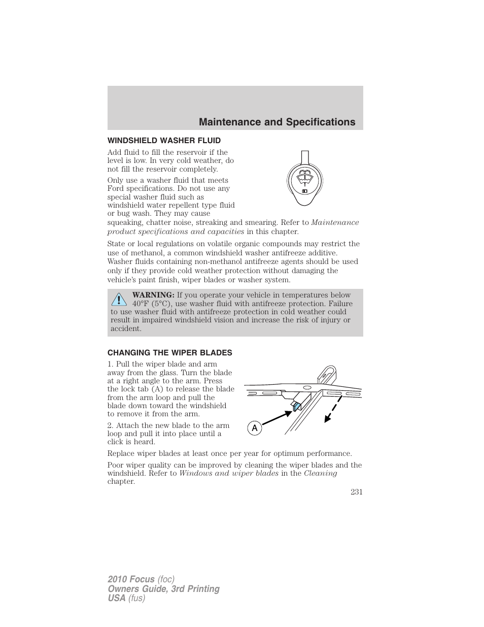 Windshield washer fluid, Changing the wiper blades, Maintenance and specifications | FORD 2010 Focus v.3 User Manual | Page 231 / 275