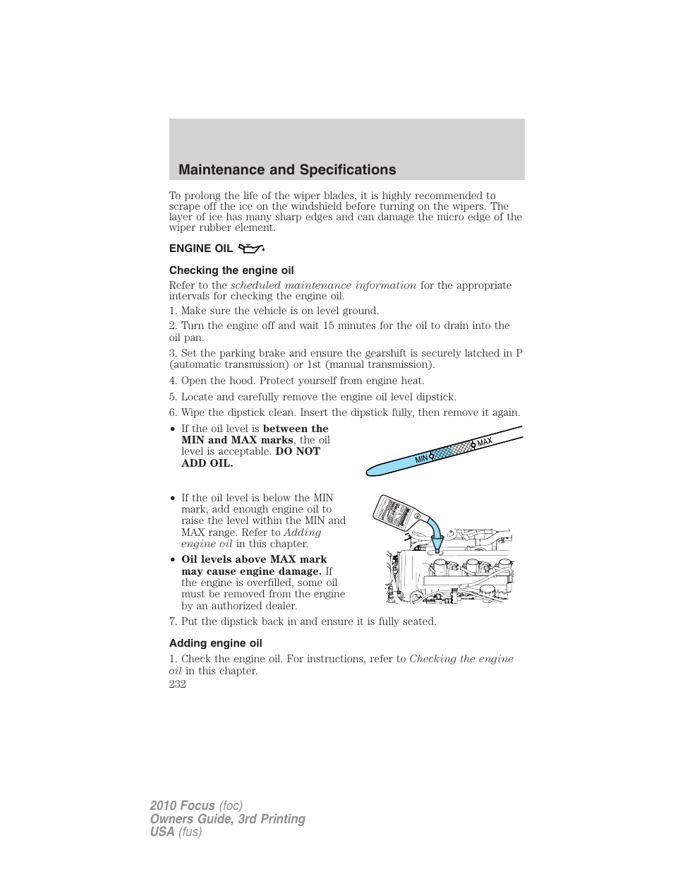 Engine oil, Checking the engine oil, Adding engine oil | Maintenance and specifications | FORD 2010 Focus v.3 User Manual | Page 232 / 275