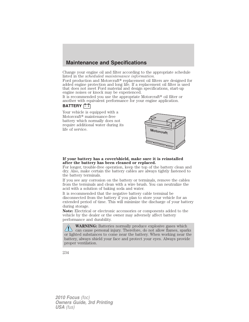 Battery, Maintenance and specifications | FORD 2010 Focus v.3 User Manual | Page 234 / 275