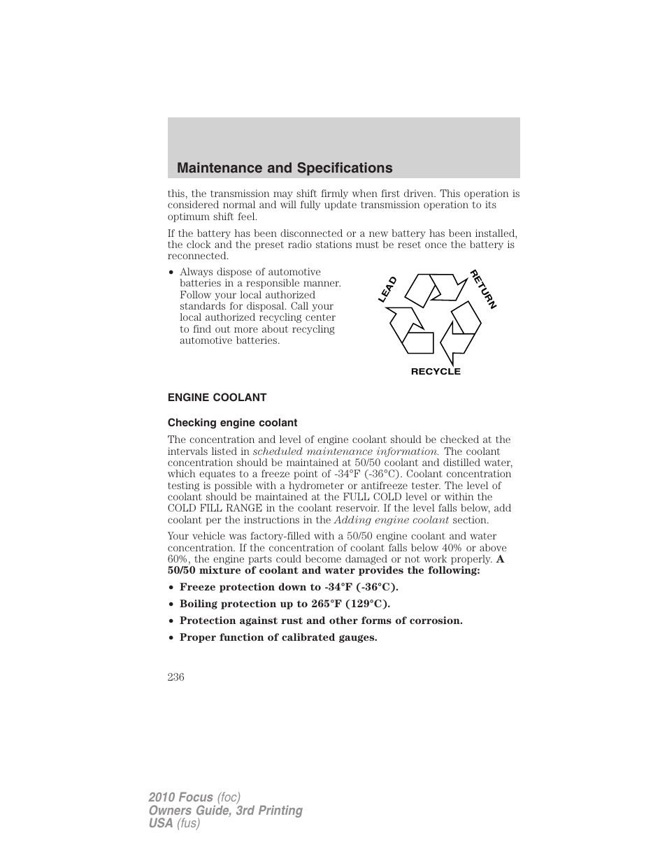 Engine coolant, Checking engine coolant, Maintenance and specifications | FORD 2010 Focus v.3 User Manual | Page 236 / 275