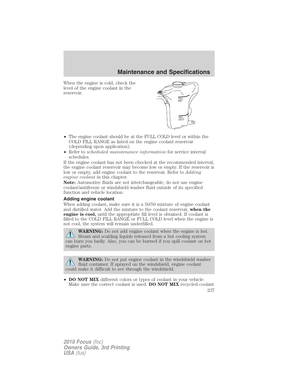 Adding engine coolant, Maintenance and specifications | FORD 2010 Focus v.3 User Manual | Page 237 / 275