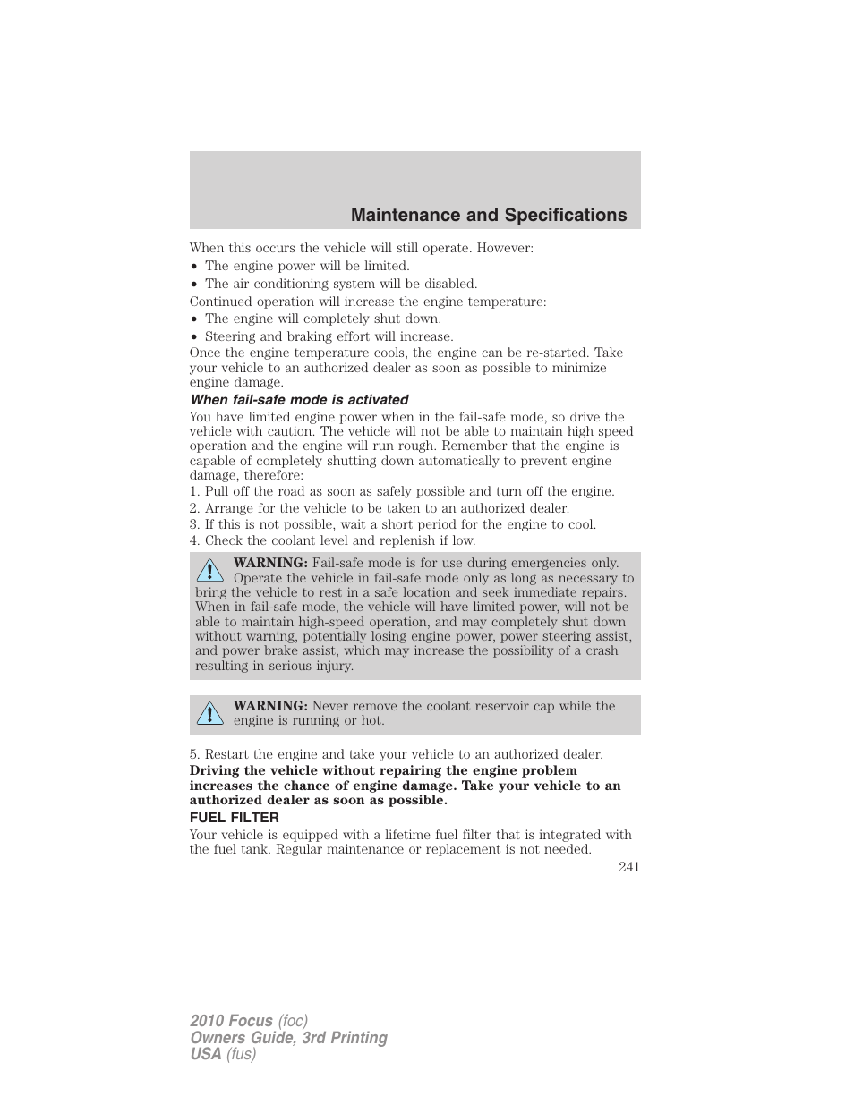 When fail-safe mode is activated, Fuel filter, Maintenance and specifications | FORD 2010 Focus v.3 User Manual | Page 241 / 275