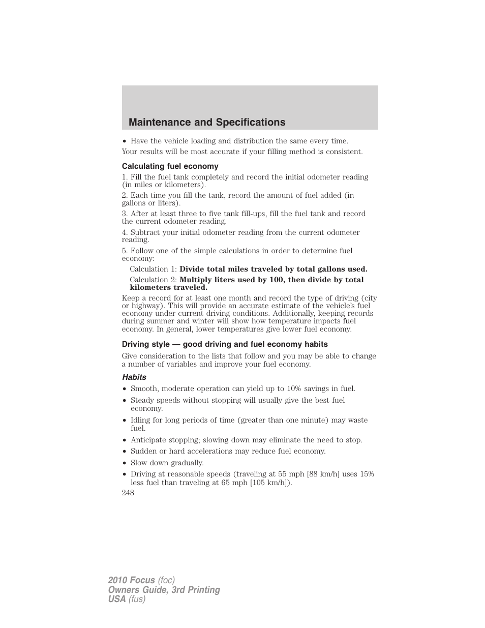 Calculating fuel economy, Habits, Maintenance and specifications | FORD 2010 Focus v.3 User Manual | Page 248 / 275