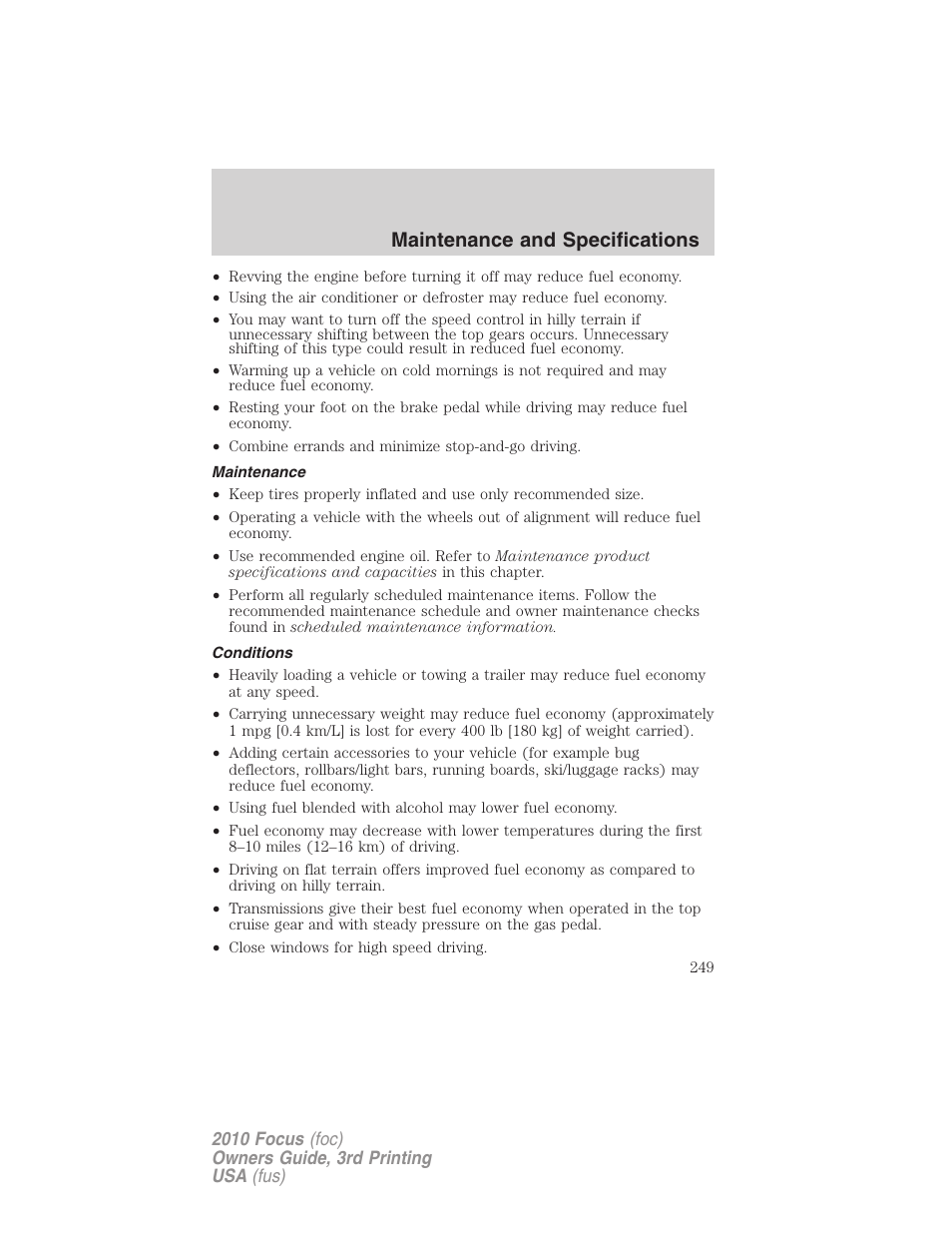 Maintenance, Conditions, Maintenance and specifications | FORD 2010 Focus v.3 User Manual | Page 249 / 275