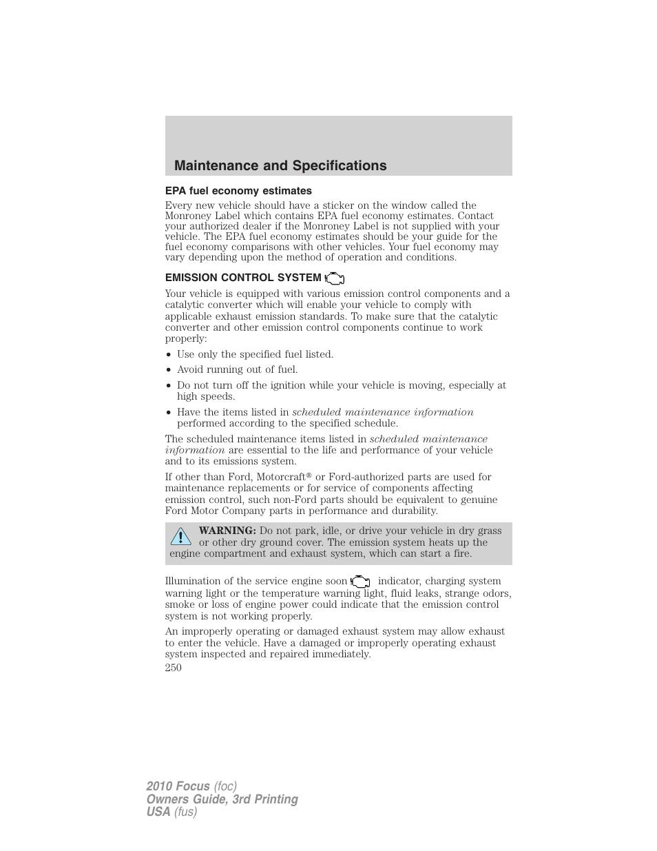 Epa fuel economy estimates, Emission control system, Maintenance and specifications | FORD 2010 Focus v.3 User Manual | Page 250 / 275
