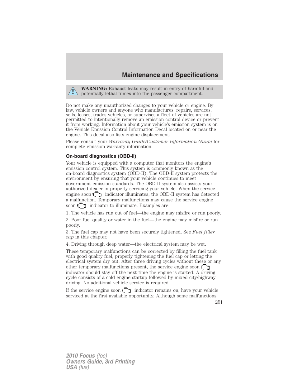 On-board diagnostics (obd-ii), Maintenance and specifications | FORD 2010 Focus v.3 User Manual | Page 251 / 275