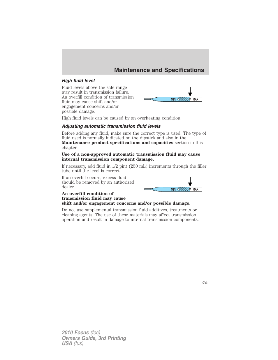 High fluid level, Adjusting automatic transmission fluid levels, Maintenance and specifications | FORD 2010 Focus v.3 User Manual | Page 255 / 275