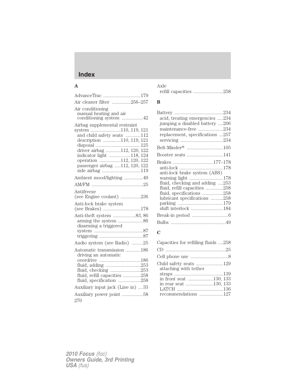 Index | FORD 2010 Focus v.3 User Manual | Page 270 / 275