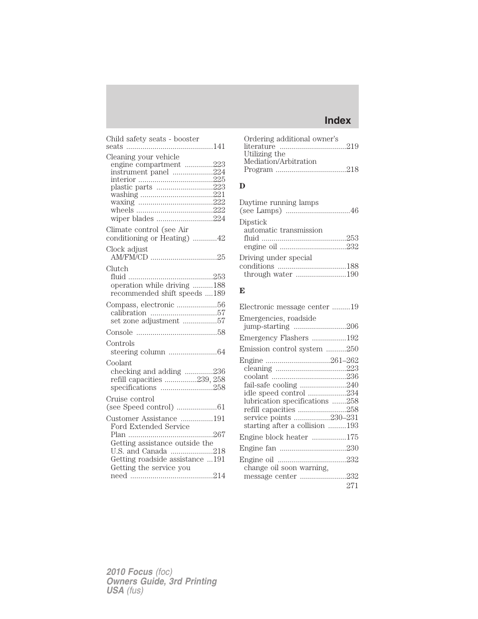 Index | FORD 2010 Focus v.3 User Manual | Page 271 / 275