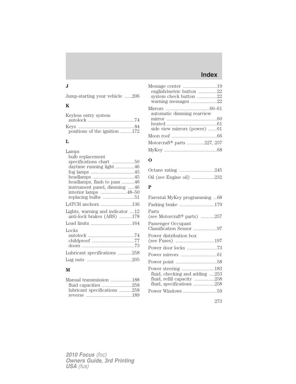 Index | FORD 2010 Focus v.3 User Manual | Page 273 / 275