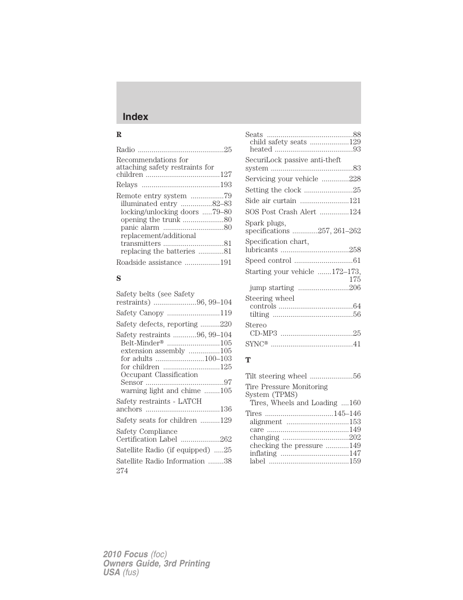 Index | FORD 2010 Focus v.3 User Manual | Page 274 / 275