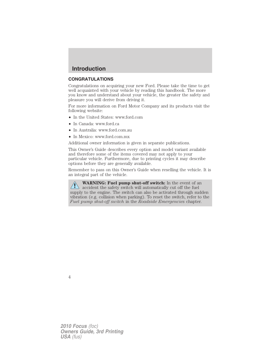 Introduction, Congratulations | FORD 2010 Focus v.3 User Manual | Page 4 / 275