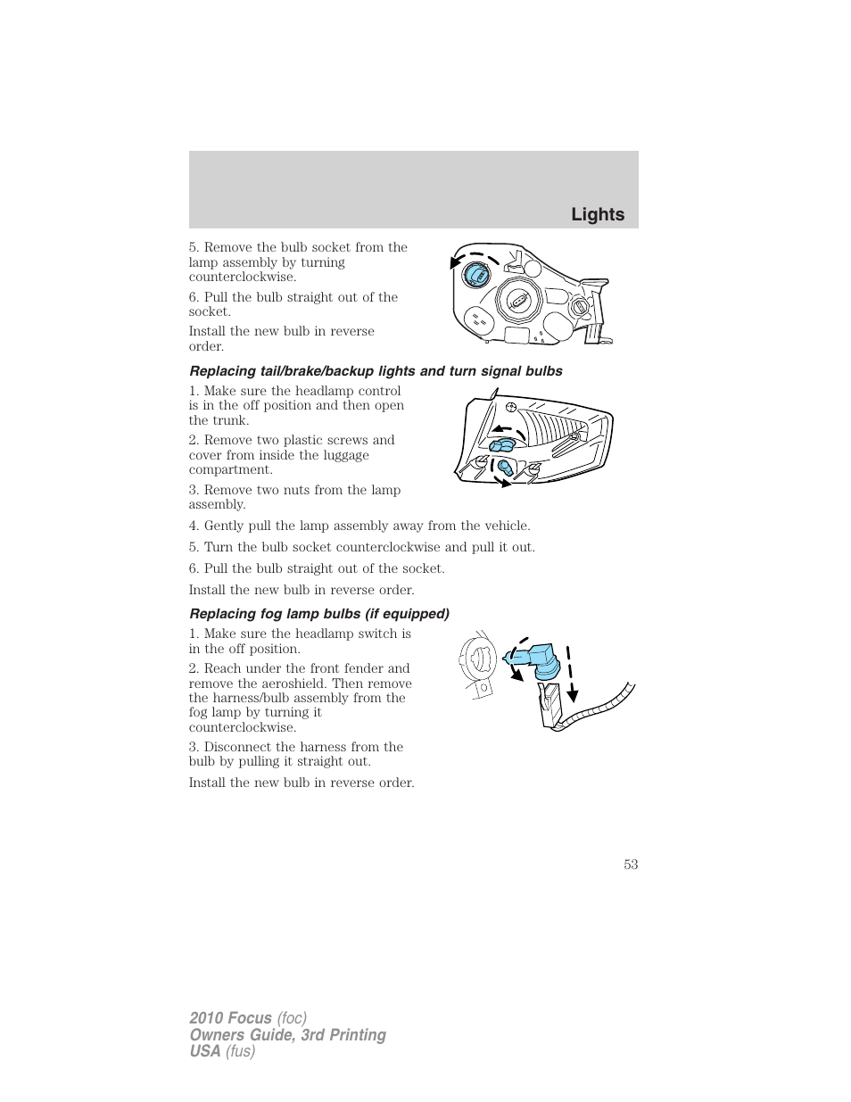 Replacing fog lamp bulbs (if equipped), Lights | FORD 2010 Focus v.3 User Manual | Page 53 / 275