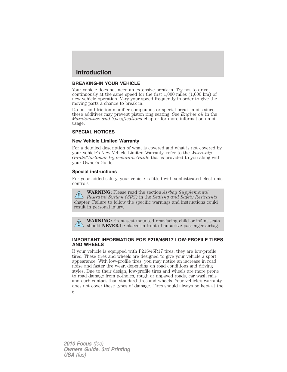 Breaking-in your vehicle, Special notices, New vehicle limited warranty | Special instructions, Introduction | FORD 2010 Focus v.3 User Manual | Page 6 / 275